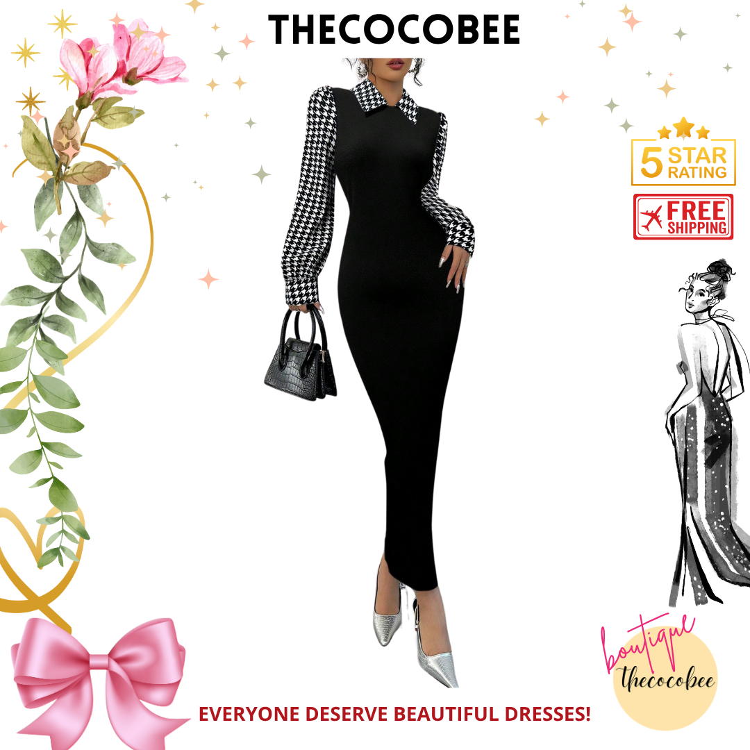 #104 Black Bodycon Fish Tail Dress With Peter Pan Collar, Color Blocking Houndstooth & Puff Sleeves Maxi Women Outfit
