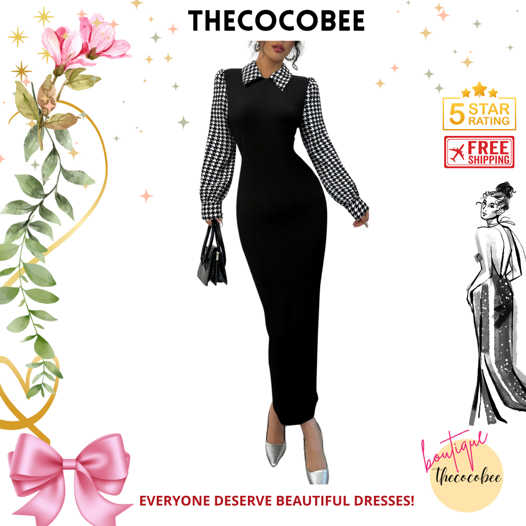 #104 Black Bodycon Fish Tail Dress With Peter Pan Collar, Color Blocking Houndstooth & Puff Sleeves Maxi Women Outfit