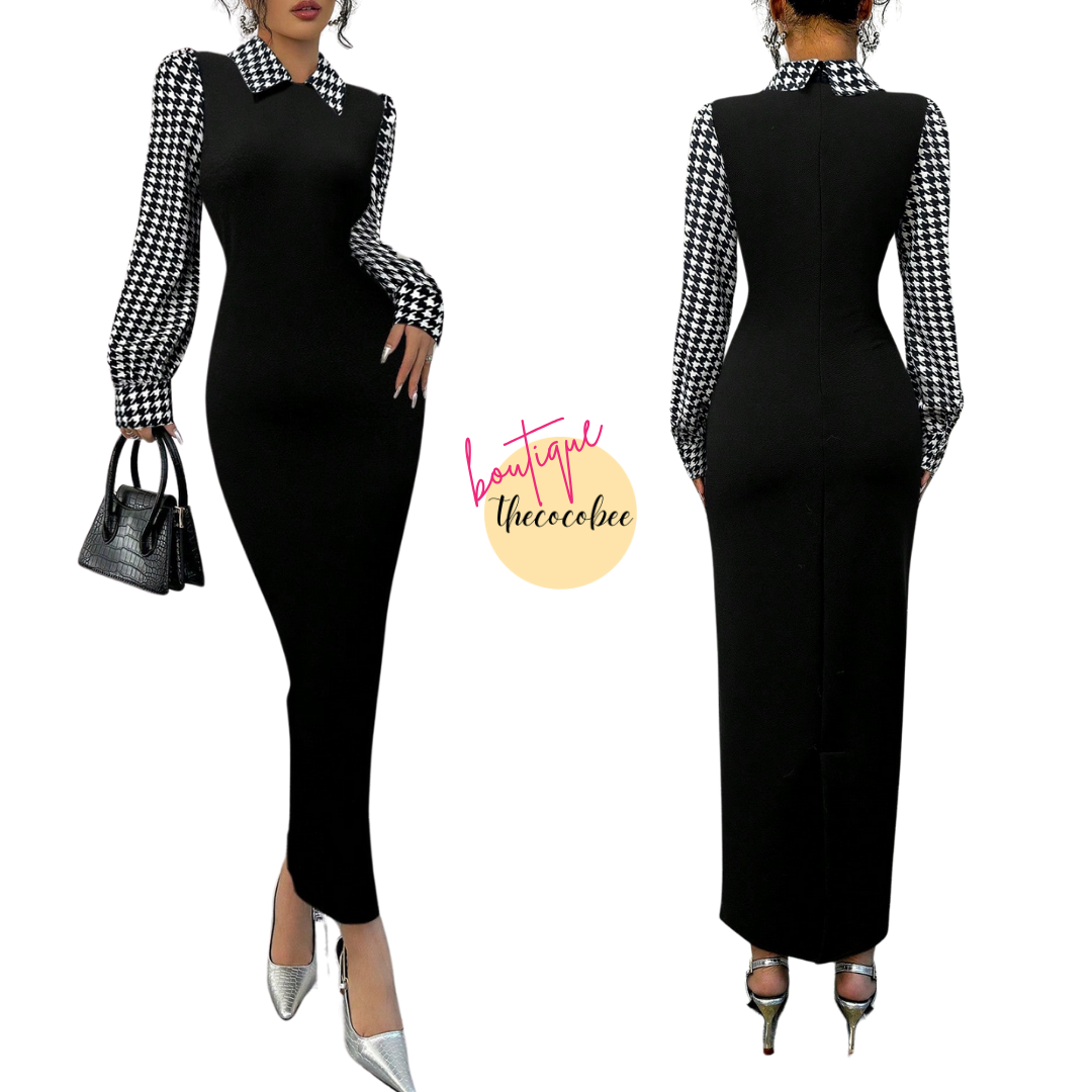 #104 Black Bodycon Fish Tail Dress With Peter Pan Collar, Color Blocking Houndstooth & Puff Sleeves Maxi Women Outfit