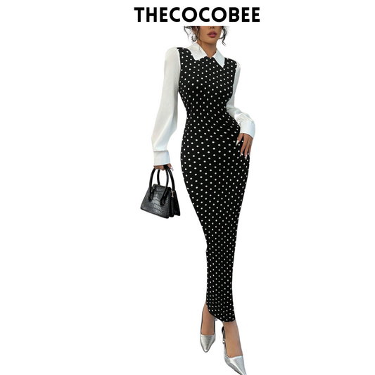 #104 Black Elegant & Slim Fit Houndstooth Print Colorblock Ruffled Cuff Long Sleeve Shirt Collar Dress For Women, Autumn/Winter
