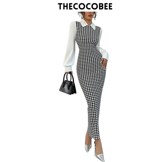#104 Black Elegant Slim Long Patchwork Puff Sleeve Collar Houndstooth Pattern Fabric Women's Long Dress, Autumn/Winter Maxi Women Outfit