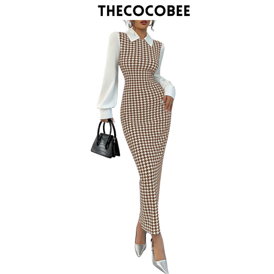 #104 Coffee Brown Elegant Slim Fit Long Patchwork Puff Sleeve Houndstooth Shirt Collar Midi Dress For Women, Autumn/Winter Maxi Women Outfit