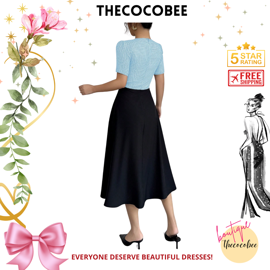 #105 Blue Black And Tweed Patchwork Waisted A-Line Short Sleeve Midi Dress, Elegant Women's Dress
