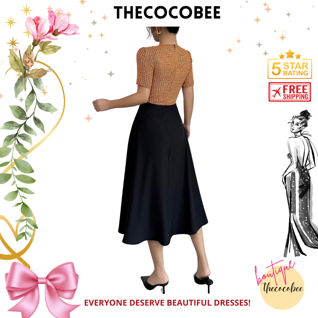 #105 Orange Mixed Tweed Panel Contrast Waist A-Line Short Sleeve Mid-Length Dress, Black Elegant Dress For Women