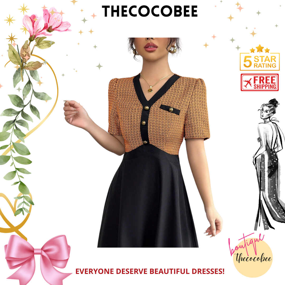 #105 Orange Mixed Tweed Panel Contrast Waist A-Line Short Sleeve Mid-Length Dress, Black Elegant Dress For Women