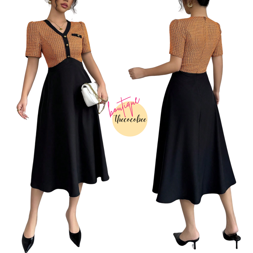 #105 Orange Mixed Tweed Panel Contrast Waist A-Line Short Sleeve Mid-Length Dress, Black Elegant Dress For Women