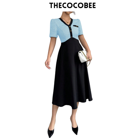 #105 Blue Black And Tweed Patchwork Waisted A-Line Short Sleeve Midi Dress, Elegant Women's Dress