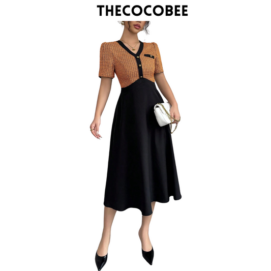 #105 Orange Mixed Tweed Panel Contrast Waist A-Line Short Sleeve Mid-Length Dress, Black Elegant Dress For Women