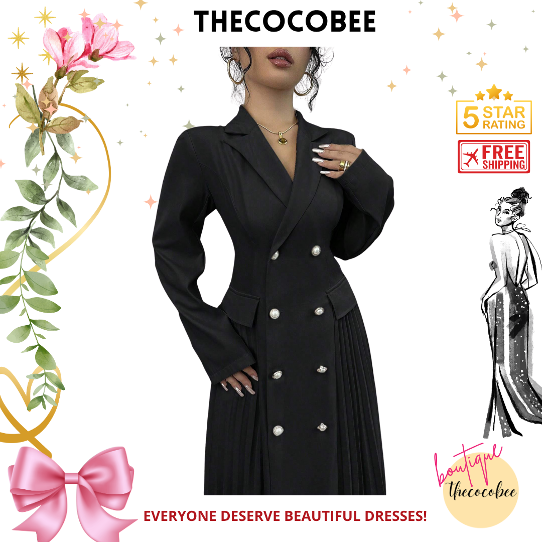 #106 Black Elegant Stand Collar Long Sleeve Double-Breasted Long Dress, Solid Color, Autumn Maxi Women Outfit