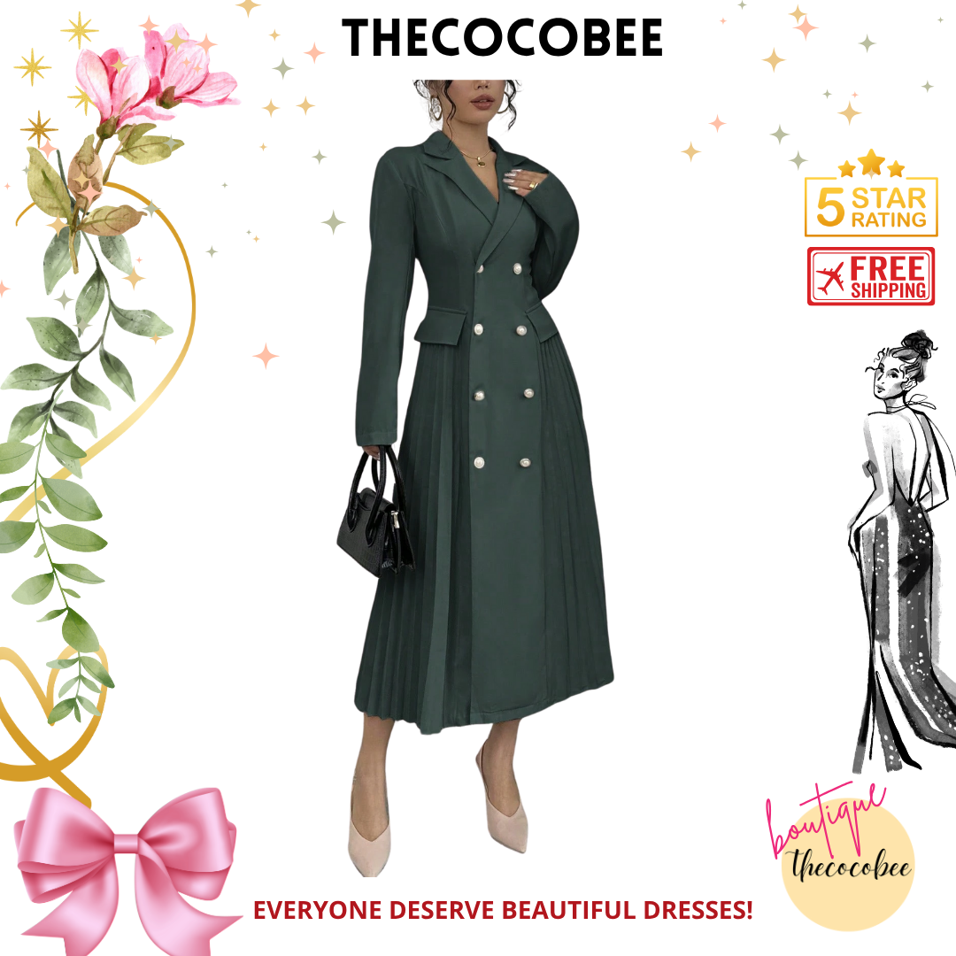 #106 Dark Green Solid Color Front Button Long Sleeve Pocket Casual Long Dress Maxi Women Outfit