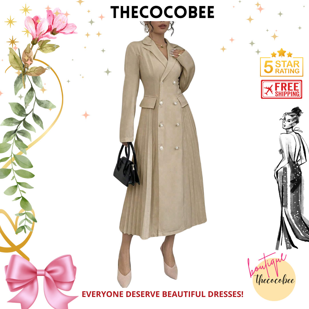 #106 Khaki Solid Color Front Button Down Notched Collar Long Sleeve Casual Long Dress Maxi Women Outfit