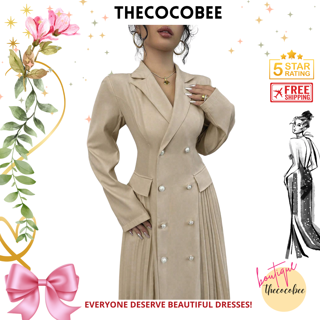 #106 Khaki Solid Color Front Button Down Notched Collar Long Sleeve Casual Long Dress Maxi Women Outfit