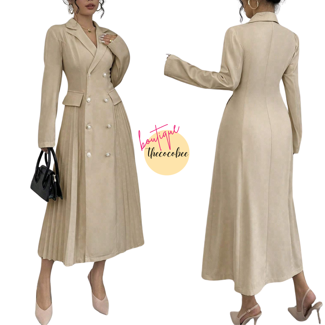 #106 Khaki Solid Color Front Button Down Notched Collar Long Sleeve Casual Long Dress Maxi Women Outfit