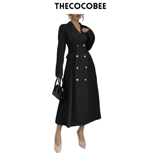 #106 Black Elegant Stand Collar Long Sleeve Double-Breasted Long Dress, Solid Color, Autumn Maxi Women Outfit