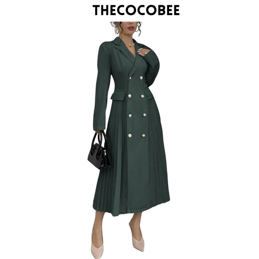 #106 Dark Green Solid Color Front Button Long Sleeve Pocket Casual Long Dress Maxi Women Outfit