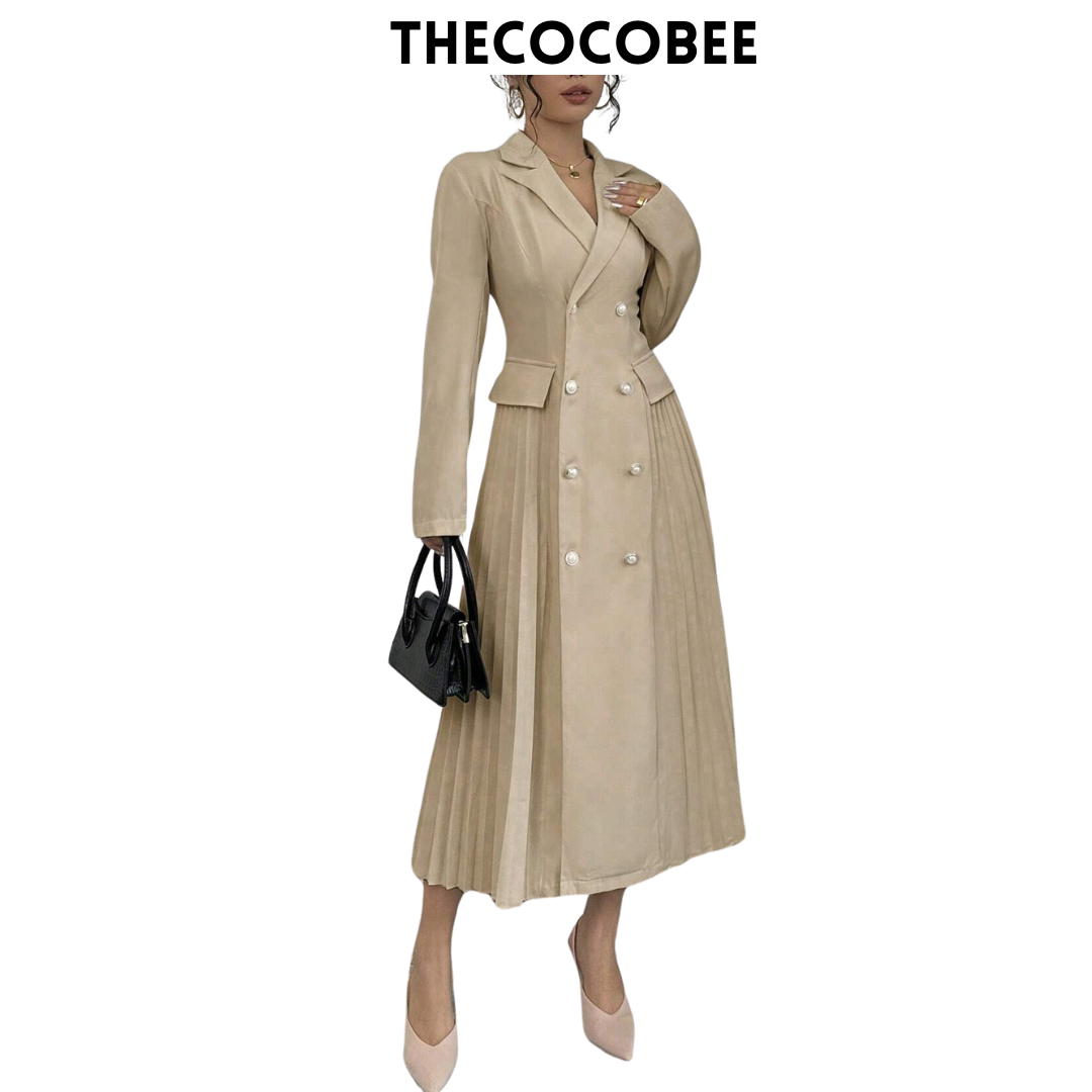 #106 Khaki Solid Color Front Button Down Notched Collar Long Sleeve Casual Long Dress Maxi Women Outfit