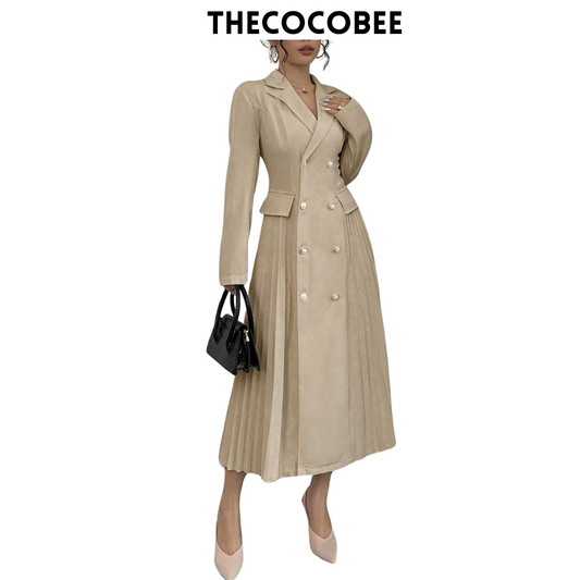 #106 Khaki Solid Color Front Button Down Notched Collar Long Sleeve Casual Long Dress Maxi Women Outfit