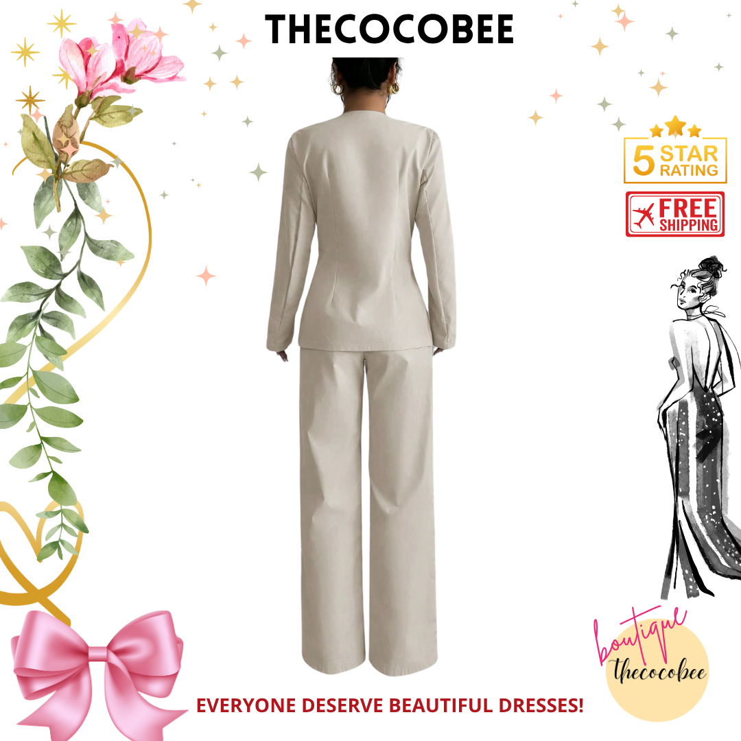 #107 Apricot Casual Solid Color V-Neck Long Sleeve Top & Pants Suit