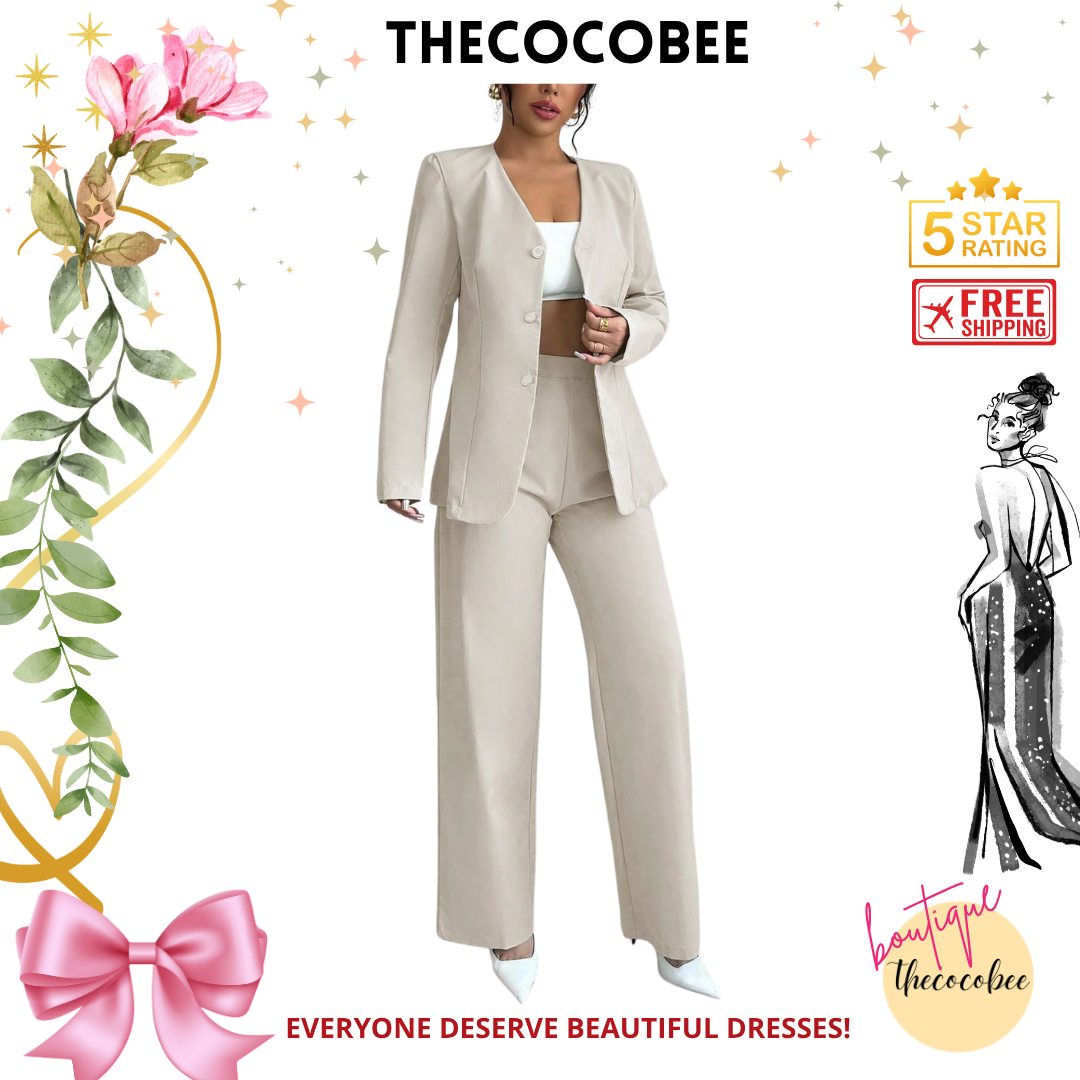#107 Apricot Casual Solid Color V-Neck Long Sleeve Top & Pants Suit