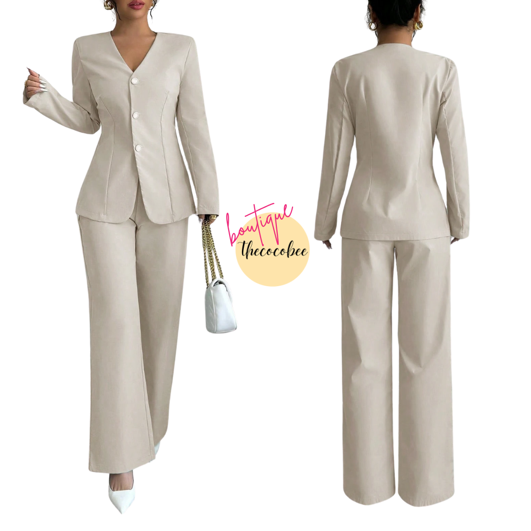 #107 Apricot Casual Solid Color V-Neck Long Sleeve Top & Pants Suit
