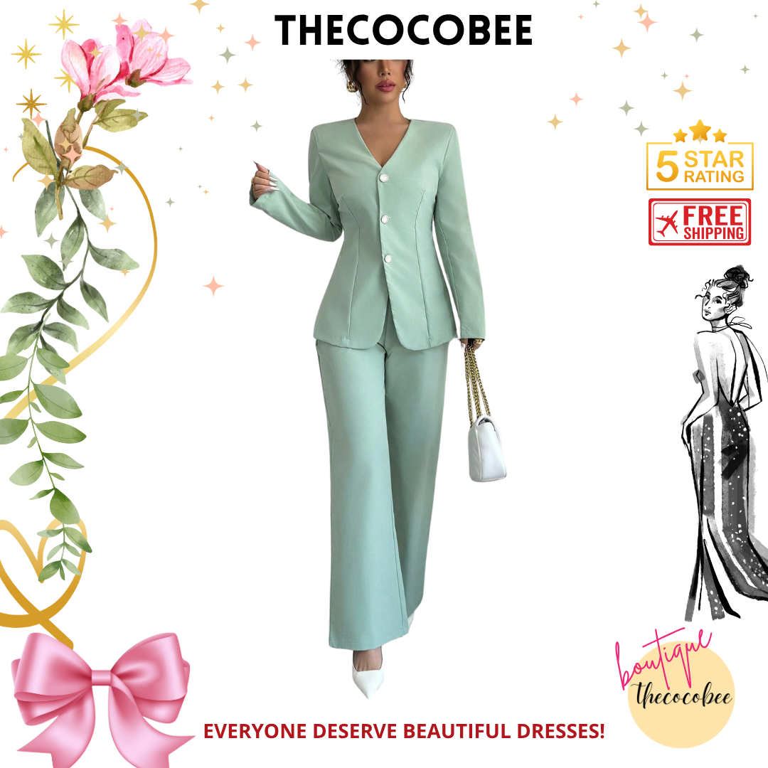 #107 Mint Green Autumn Solid Color V-Neck Long Sleeve Single-Breasted Jacket And Pants Casual Suit Set