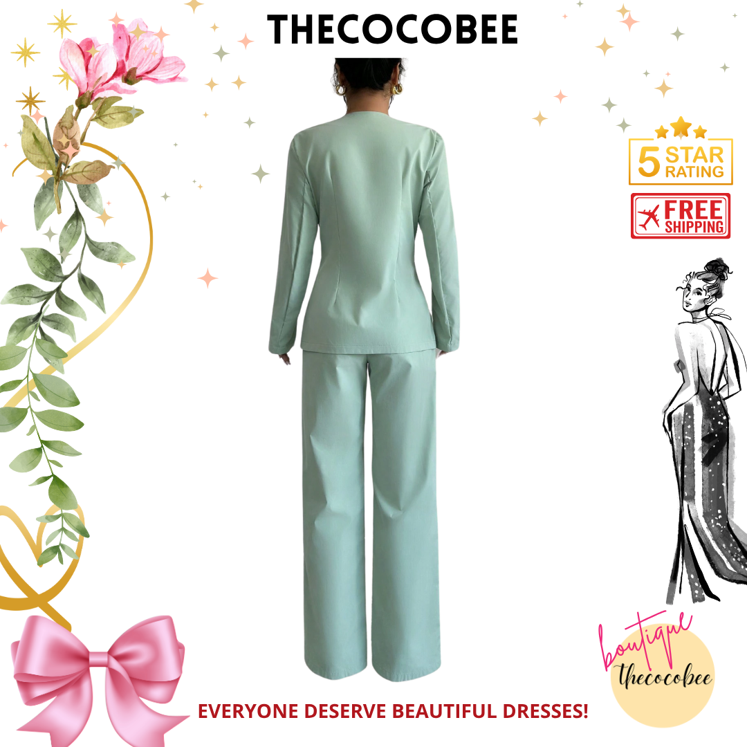 #107 Mint Green Autumn Solid Color V-Neck Long Sleeve Single-Breasted Jacket And Pants Casual Suit Set