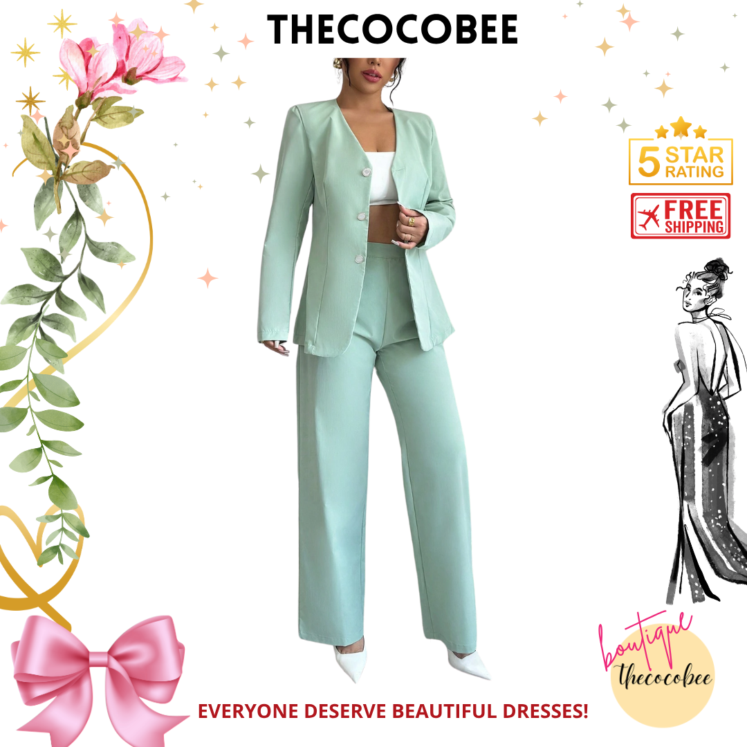 #107 Mint Green Autumn Solid Color V-Neck Long Sleeve Single-Breasted Jacket And Pants Casual Suit Set