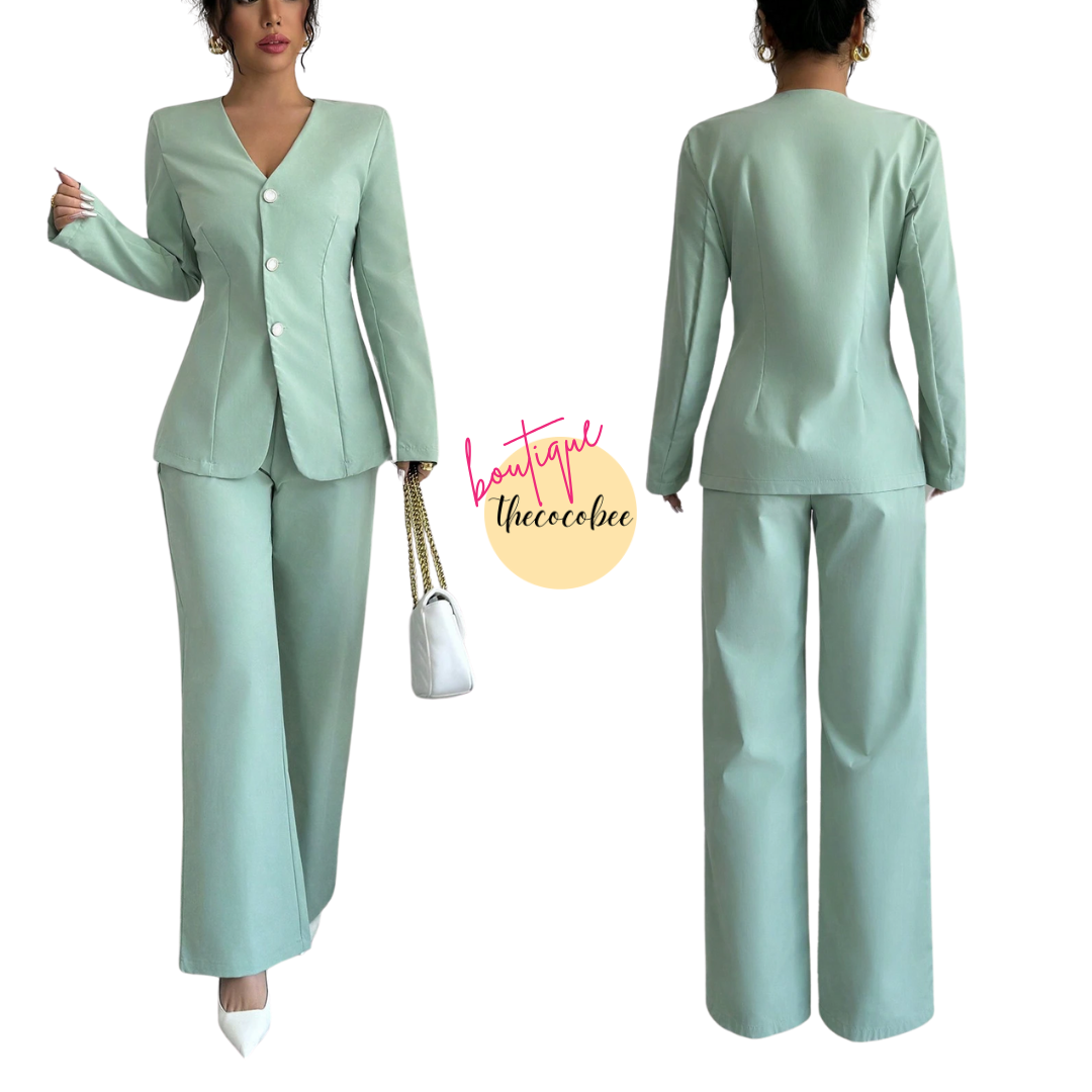 #107 Mint Green Autumn Solid Color V-Neck Long Sleeve Single-Breasted Jacket And Pants Casual Suit Set