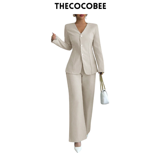 #107 Apricot Casual Solid Color V-Neck Long Sleeve Top & Pants Suit