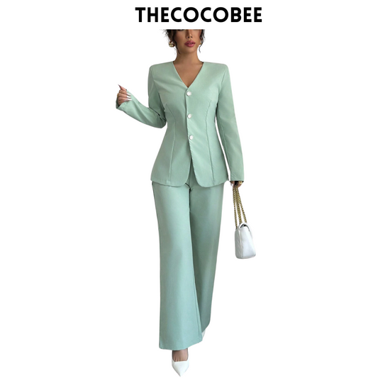 #107 Mint Green Autumn Solid Color V-Neck Long Sleeve Single-Breasted Jacket And Pants Casual Suit Set