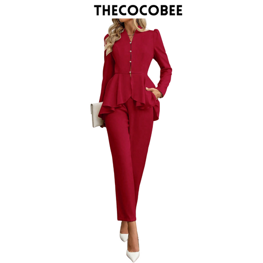 #108 Burgundy Elegant Work Commute Charm Long Sleeve Stand Collar Ruffle Hem Blouse With Straight Leg Pants Suit Set