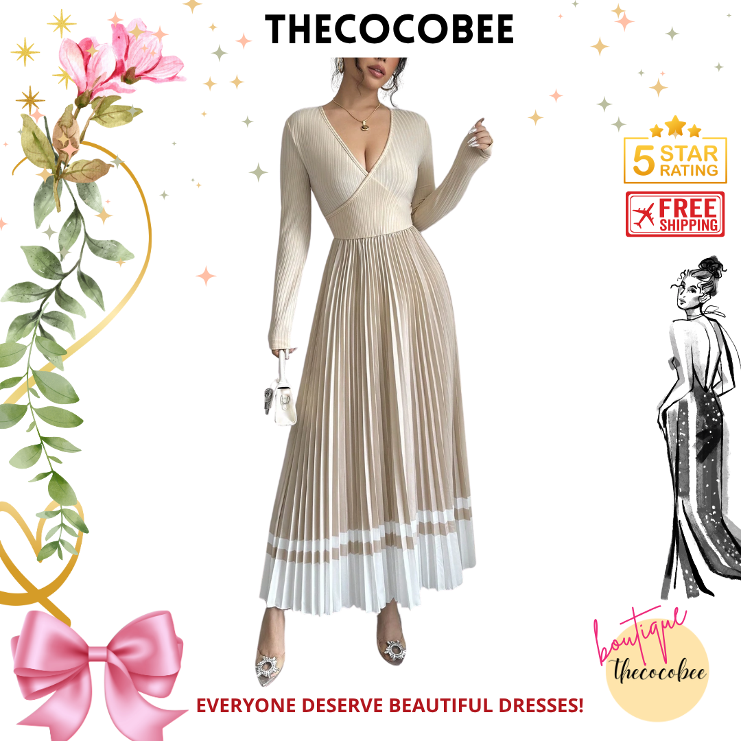 #109 Apricot V-Neck Waist Pleated Patchwork A-Line Elegant Retro Dress, For Daily Wear Maxi Women Outfit