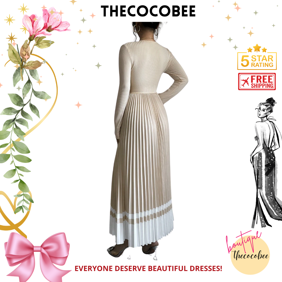 #109 Apricot V-Neck Waist Pleated Patchwork A-Line Elegant Retro Dress, For Daily Wear Maxi Women Outfit