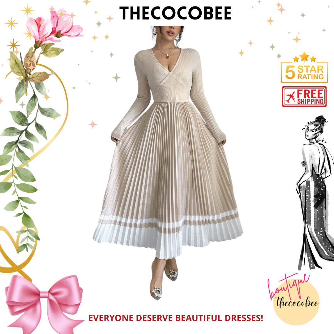 #109 Apricot V-Neck Waist Pleated Patchwork A-Line Elegant Retro Dress, For Daily Wear Maxi Women Outfit