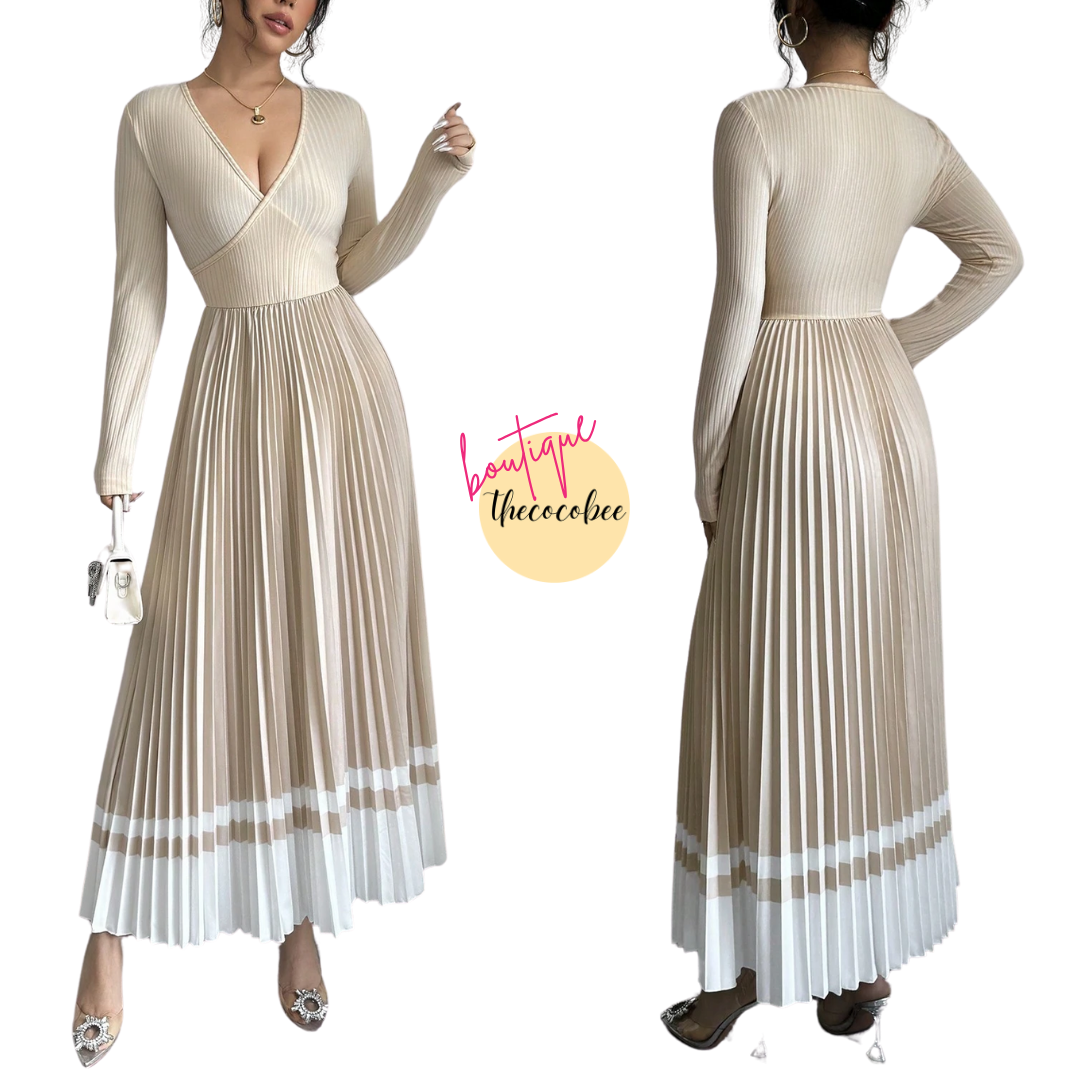 #109 Apricot V-Neck Waist Pleated Patchwork A-Line Elegant Retro Dress, For Daily Wear Maxi Women Outfit