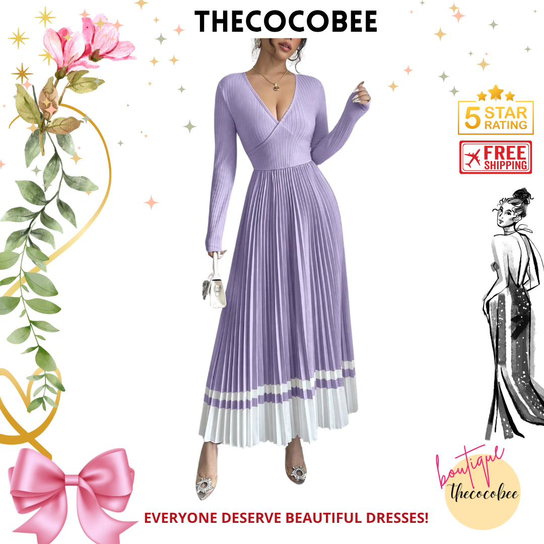 #109 Purple V-Neck Waist Pleated Patchwork A-Line Elegant Retro Dress, For Daily Wear Maxi Women Outfit