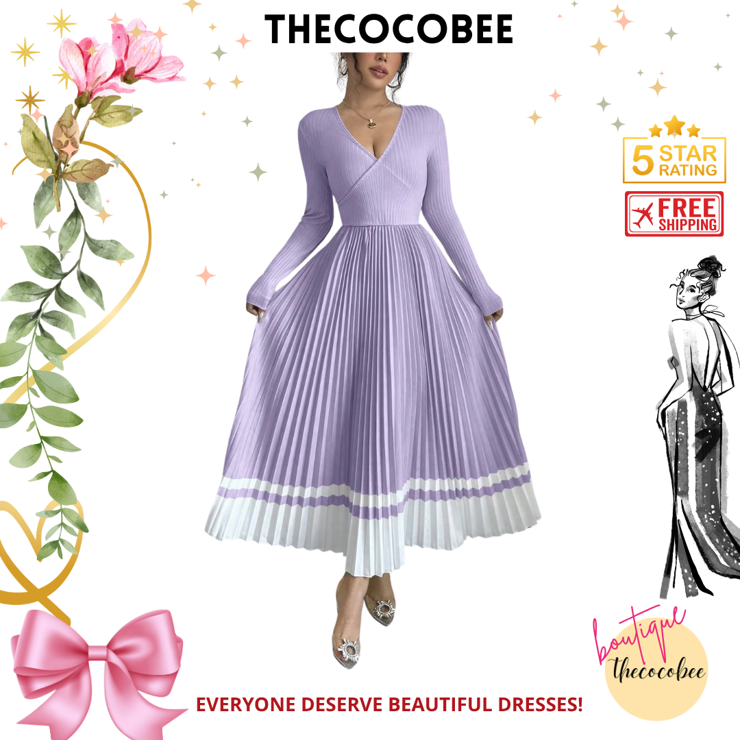 #109 Purple V-Neck Waist Pleated Patchwork A-Line Elegant Retro Dress, For Daily Wear Maxi Women Outfit
