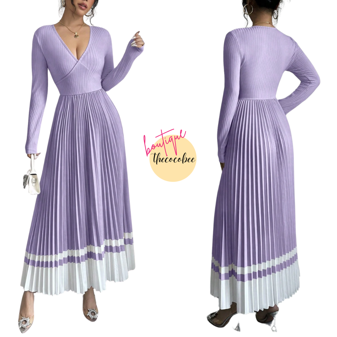 #109 Purple V-Neck Waist Pleated Patchwork A-Line Elegant Retro Dress, For Daily Wear Maxi Women Outfit