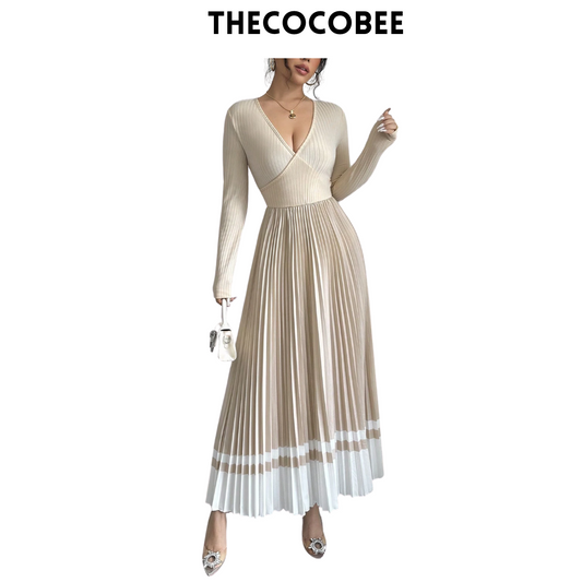 #109 Apricot V-Neck Waist Pleated Patchwork A-Line Elegant Retro Dress, For Daily Wear Maxi Women Outfit
