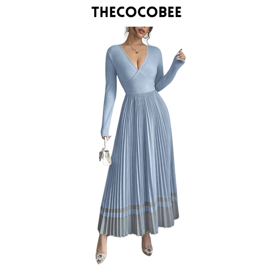 #109 Blue V-Neck Waisted Pleated Colorblcok A-Line Elegant Vintage Dress, Everyday Wear Maxi Women Outfit