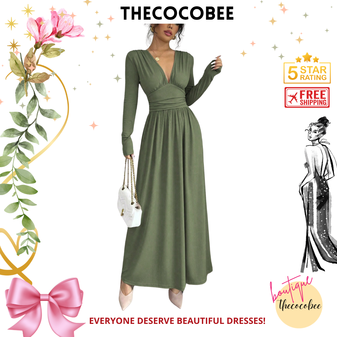 #110 Green Casual Long Dress, Deep V-Neck, Raglan Long Sleeve, Front Panel Patchwork, Crinkled, A-Line, Lotus Root Pink Textured Fabric, Autumn/Winter Maxi Women Outfit