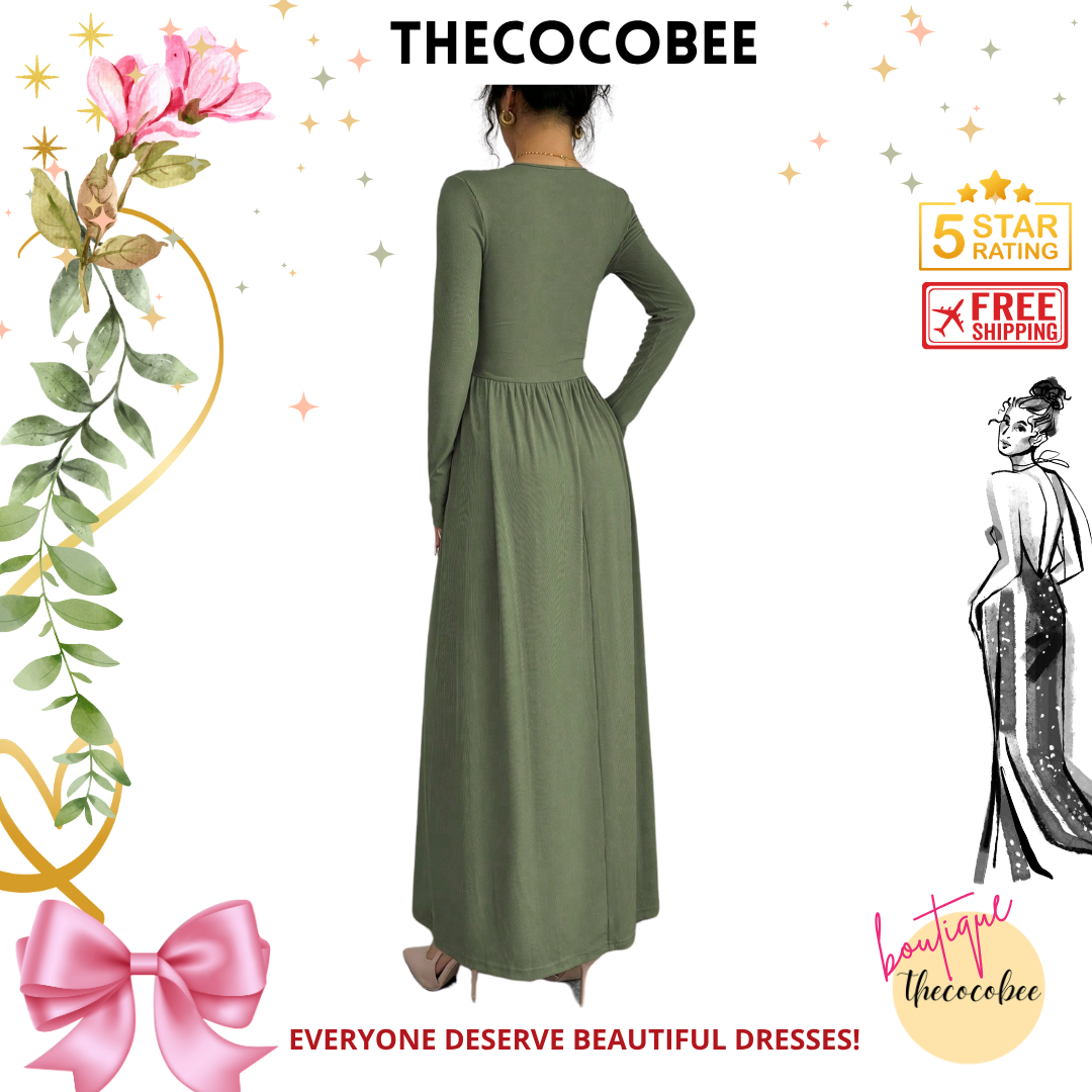 #110 Green Casual Long Dress, Deep V-Neck, Raglan Long Sleeve, Front Panel Patchwork, Crinkled, A-Line, Lotus Root Pink Textured Fabric, Autumn/Winter Maxi Women Outfit