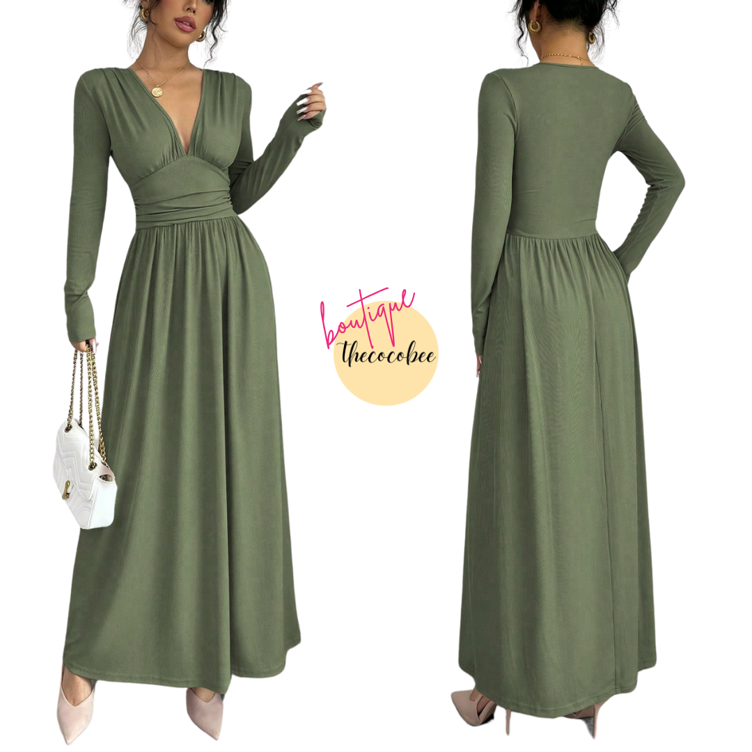 #110 Green Casual Long Dress, Deep V-Neck, Raglan Long Sleeve, Front Panel Patchwork, Crinkled, A-Line, Lotus Root Pink Textured Fabric, Autumn/Winter Maxi Women Outfit