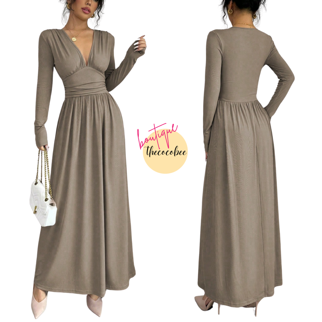 #110 Khaki Casual Long Dress, Deep V-Neck, Raglan Long Sleeve, Front Panel Patchwork, Crinkled, A-Line, Lotus Root Pink Textured Fabric, Autumn/Winter Maxi Women Outfit