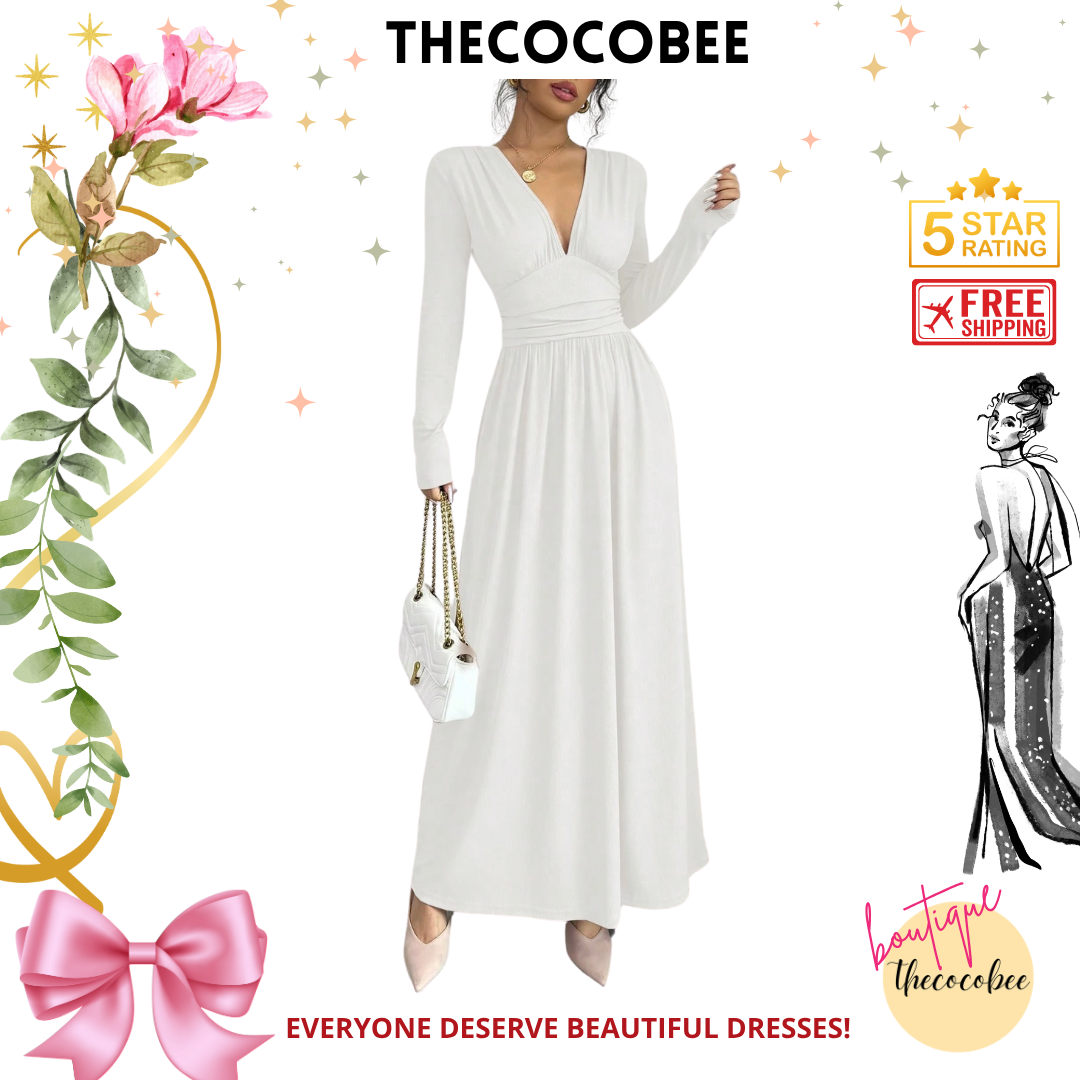 #110 White Casual Long Dress, Deep V-Neck, Raglan Long Sleeve, Front Panel Patchwork, Crinkled, A-Line, Lotus Root Pink Textured Fabric, Autumn/Winter Maxi Women Outfit