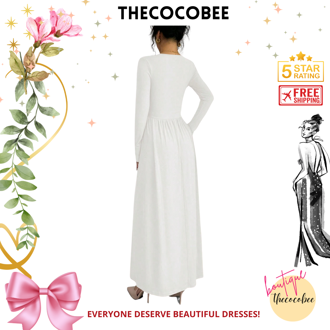 #110 White Casual Long Dress, Deep V-Neck, Raglan Long Sleeve, Front Panel Patchwork, Crinkled, A-Line, Lotus Root Pink Textured Fabric, Autumn/Winter Maxi Women Outfit