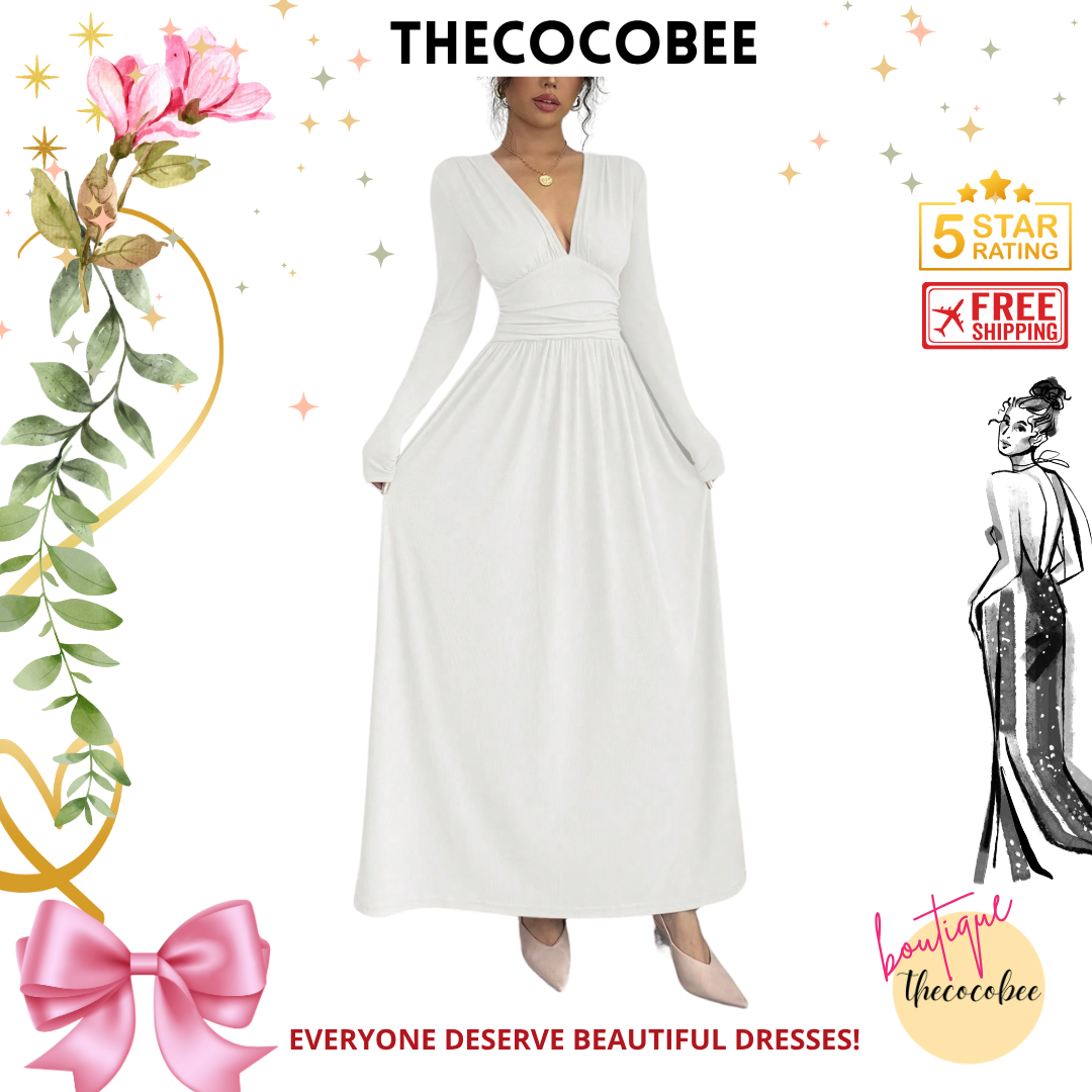 #110 White Casual Long Dress, Deep V-Neck, Raglan Long Sleeve, Front Panel Patchwork, Crinkled, A-Line, Lotus Root Pink Textured Fabric, Autumn/Winter Maxi Women Outfit