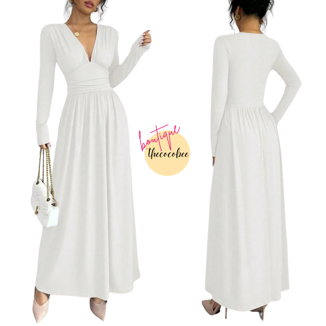 #110 White Casual Long Dress, Deep V-Neck, Raglan Long Sleeve, Front Panel Patchwork, Crinkled, A-Line, Lotus Root Pink Textured Fabric, Autumn/Winter Maxi Women Outfit