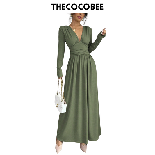 #110 Green Casual Long Dress, Deep V-Neck, Raglan Long Sleeve, Front Panel Patchwork, Crinkled, A-Line, Lotus Root Pink Textured Fabric, Autumn/Winter Maxi Women Outfit