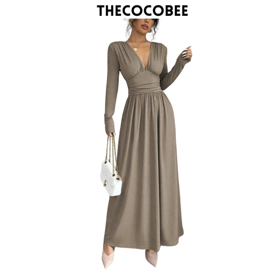 #110 Khaki Casual Long Dress, Deep V-Neck, Raglan Long Sleeve, Front Panel Patchwork, Crinkled, A-Line, Lotus Root Pink Textured Fabric, Autumn/Winter Maxi Women Outfit